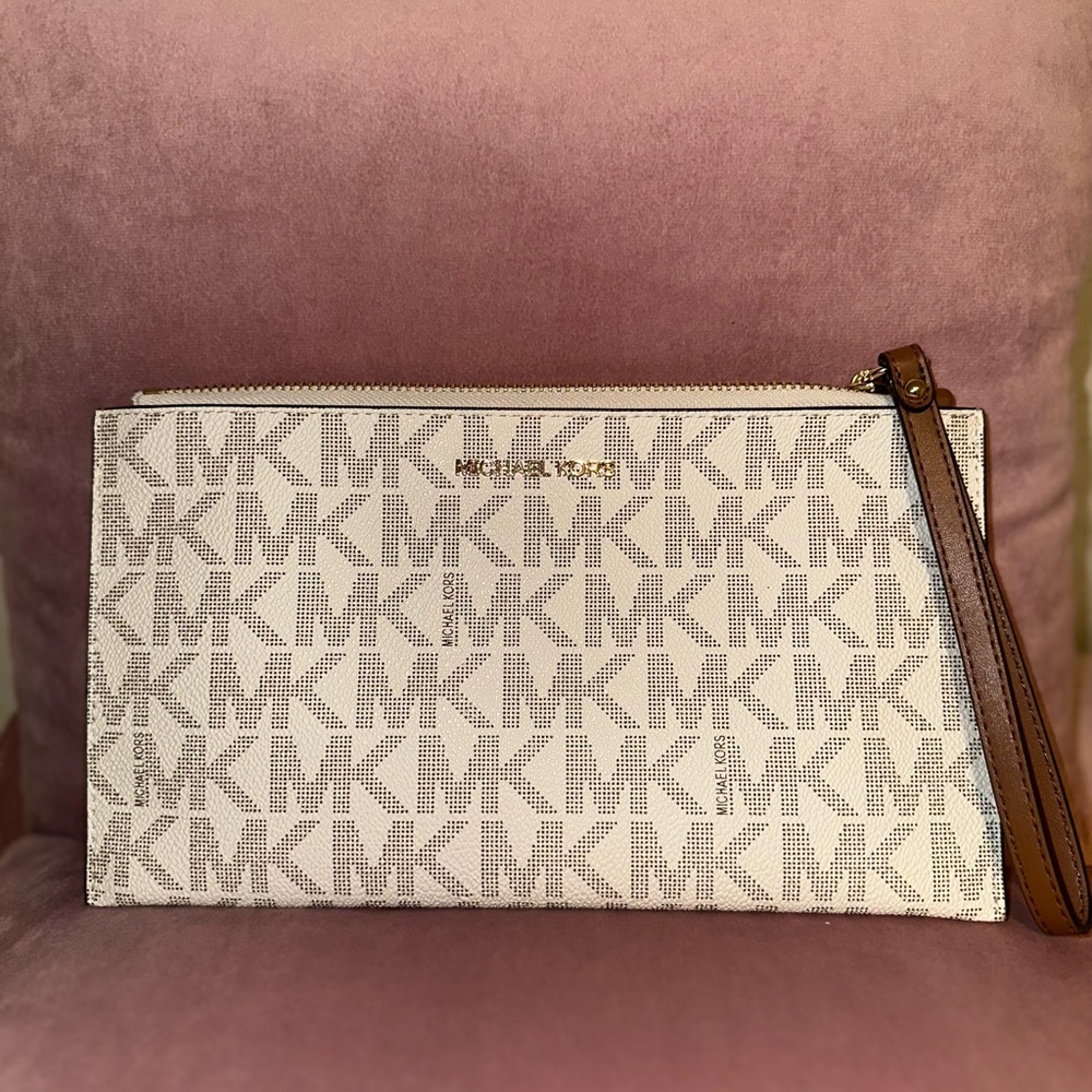 Used Michael Kors White and Brown Wristlet